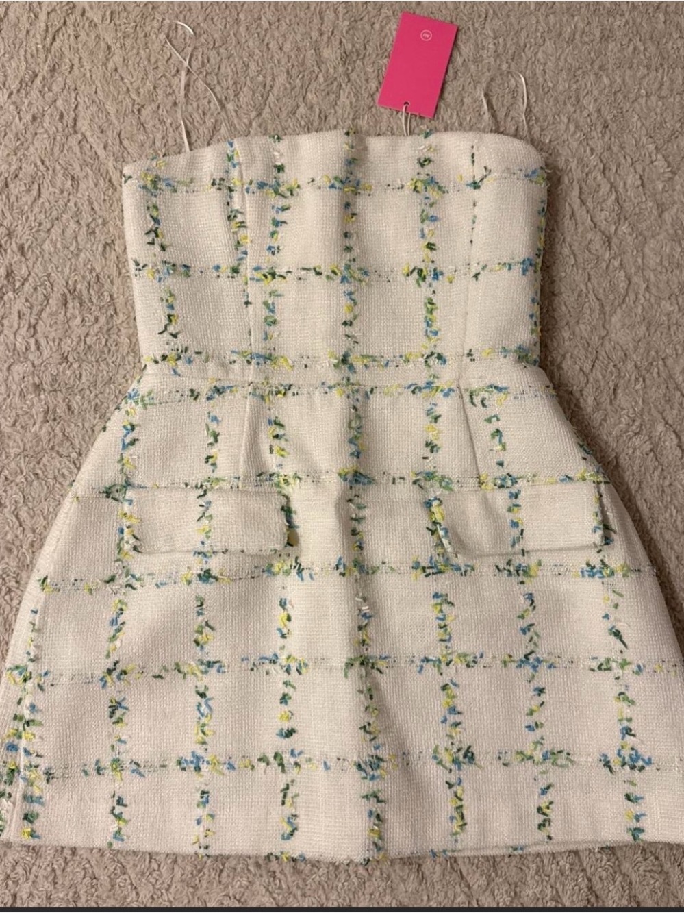 Amanda Uprichard Cream Tweed Strapless Plaid Romper with Blue & Yellow Accents